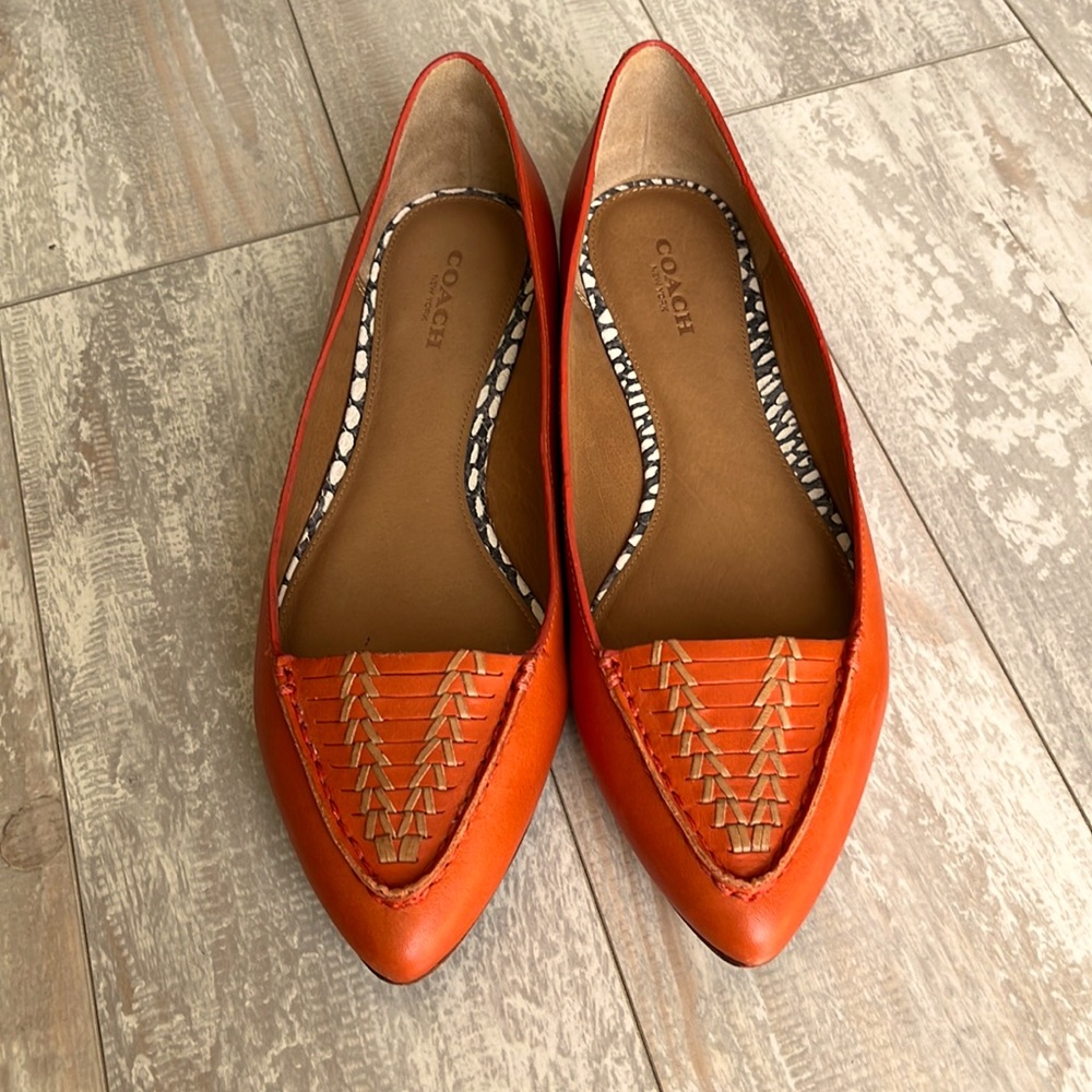 Coach Orange Pointed-Toe Loafers with Decorative Stitching